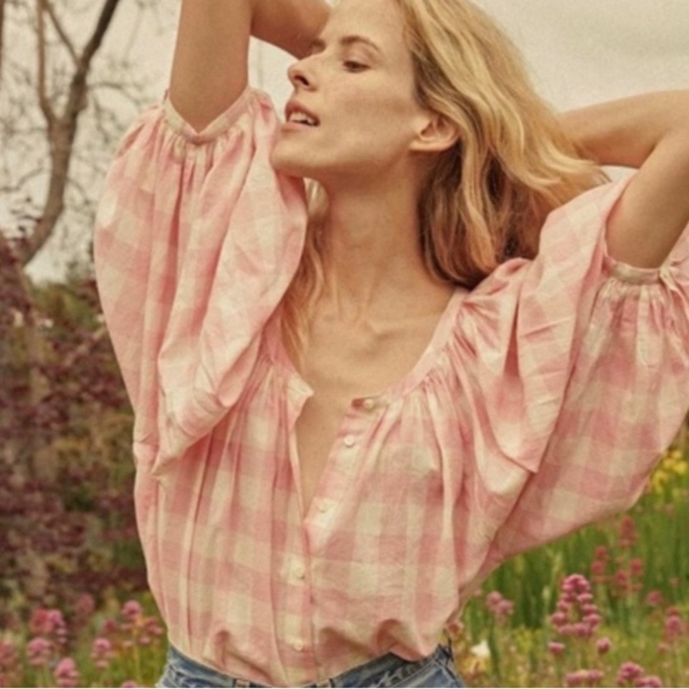NWOT DÔEN x Heather Taylor Home Jeanne Top in Pink Rosette & White Gingham, Sz L